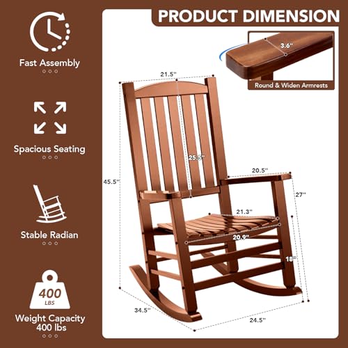 Wood Outdoor Rocking Chair, Oversized Patio Rocking Chair w/400lbs Support & High Backrest | Porch, Lawn, Garden, Backyard,