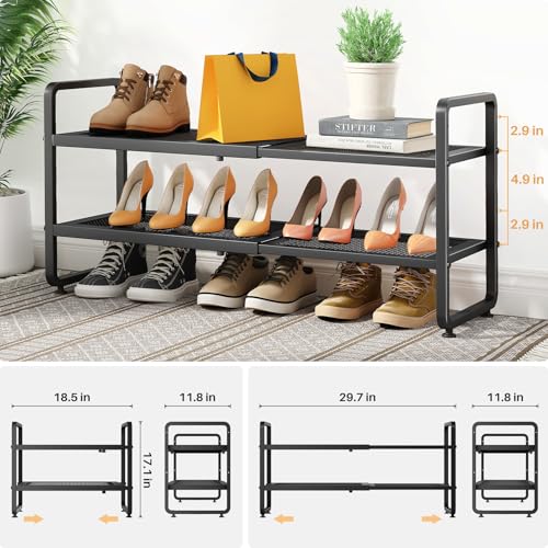 Shoe Rack - Expandable Shoe Organizer for Closet, Adjustable Metal Shoe Shelf Storage, 2 Tier Stackable Long Shoe Stand Holder