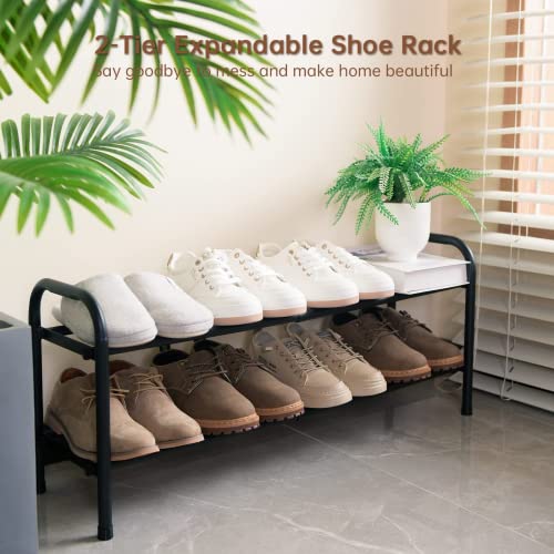 2-Tier Expandable Shoe Rack,Adjustable Shoe Shelf Storage Organizer Heavy Duty Metal Free Standing Shoe Rack for Entryway Closet