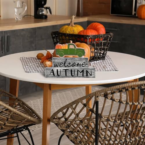 3PCS Wooden Fall Decorations for Home, Rustic Farmhouse Fall Table Decor Set with Pumpkin Truck & Signs, Harvest Thanksgiving