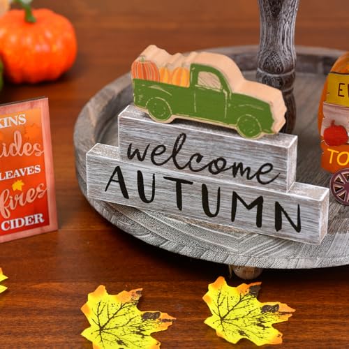 3PCS Wooden Fall Decorations for Home, Rustic Farmhouse Fall Table Decor Set with Pumpkin Truck & Signs, Harvest Thanksgiving