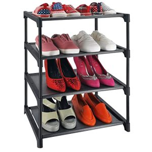 4 Tiers Small Shoe Rack,Narrow Stackable Shoe Shelf Organizer,Sturdy Shoe Stand, Non-Woven Fabric Metal Shoe Racks for Entryway,