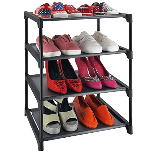 4 Tiers Small Shoe Rack,Narrow Stackable Shoe Shelf Organizer,Sturdy Shoe Stand, Non-Woven Fabric Metal Shoe Racks for Entryway,