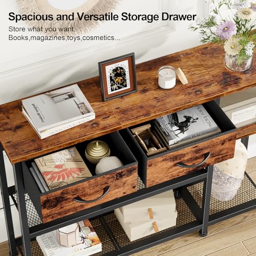 Entryway Table 44'' Sofa Console Table with 2 Fabric Drawers, Industrial Entry Way Shoe Rack with Metal Mesh Shelf for Front