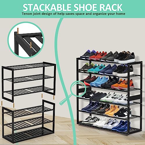 Bamboo Shoe Rack for Closet, Stackable 3 Tier Longer Shoe Organizer Shelf Holder Storage 12-15 Pairs for Entryway Door Hallway