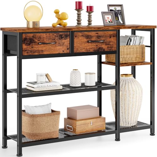 Entryway Table 44'' Sofa Console Table with 2 Fabric Drawers, Industrial Entry Way Shoe Rack with Metal Mesh Shelf for Front