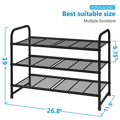 3-Tier Stackable Shoe Rack, Expandable & Adjustable Shoe Shelf Storage Organizer, Wire Grid, Black