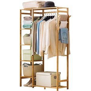 Bamboo Garment Rack 6 Tier Storage Shelves Clothes Hanging Stand with Side Hooks, Heavy Duty Clothing Rack Portable Wardrobe