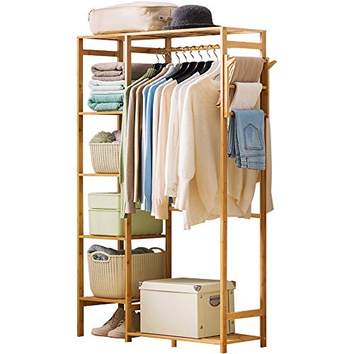 Bamboo Garment Rack 6 Tier Storage Shelves Clothes Hanging Stand with Side Hooks, Heavy Duty Clothing Rack Portable Wardrobe