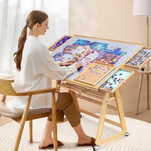 1500 Piece Tilting Puzzle Table with 5 Colored Drawers & Cover, Adjustable Jigsaw Puzzle Board with Storage, Portable Wooden
