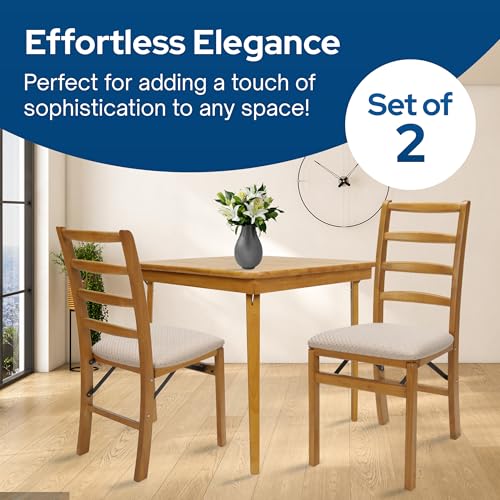 Stakmore Shaker Ladderback Wooden Folding Chairs with Padded Seats, Set of 2 - No Assembly Foldable Dining Chairs, Steel Folding