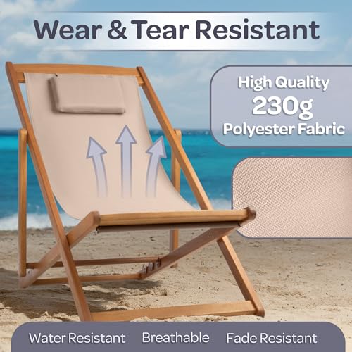 Beach Lounge Chair - Adjustable Height Reclining Sling Chair - Portable Wood Folding Chairs - Folding Lounge Chairs for Outside,