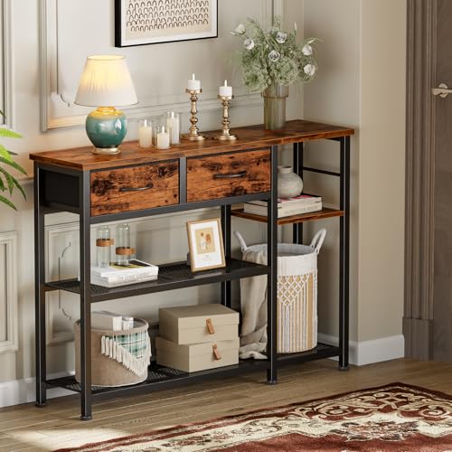 Entryway Table 44'' Sofa Console Table with 2 Fabric Drawers, Industrial Entry Way Shoe Rack with Metal Mesh Shelf for Front