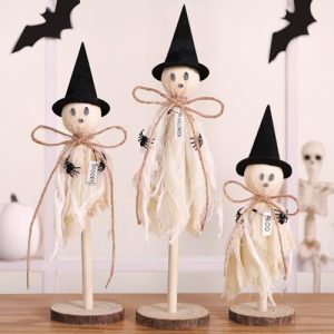 Ghost Decorations Indoor 3pcs Primitive Halloween Ghost on Wooden Stand Halloween Table Centerpieces Signs for Home Shelf
