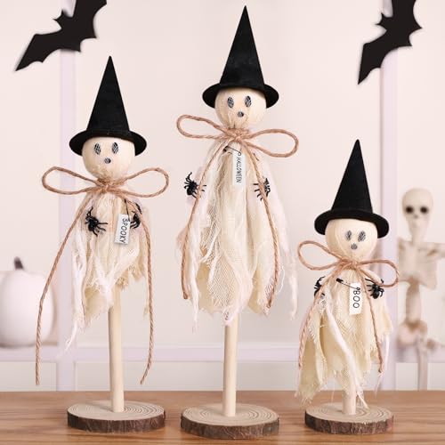 Ghost Decorations Indoor 3pcs Primitive Halloween Ghost on Wooden Stand Halloween Table Centerpieces Signs for Home Shelf