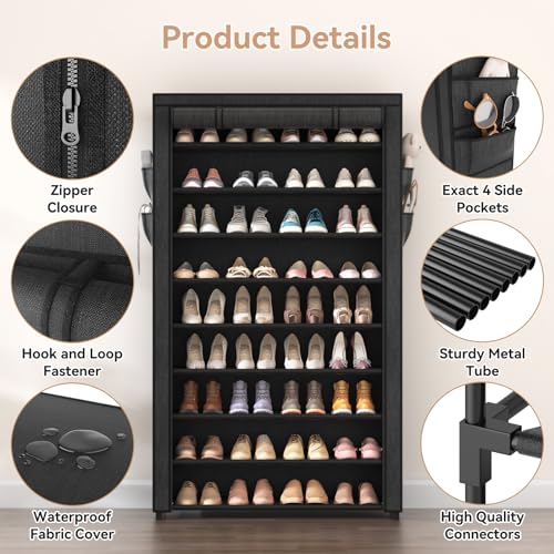 Shoe Rack with Covers - 10 Tiers Tall Shoe Rack Organizer Large Capacity Shoe Shelf Storage 40 Pairs Space Saving Vertical Shoe