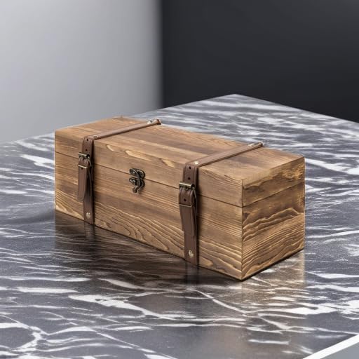 Vintage Wooden Wine Gift Box - Single Bottle Holder with Locking Latch & Leather Straps, Rustic Brown Wedding Champagne, Beer