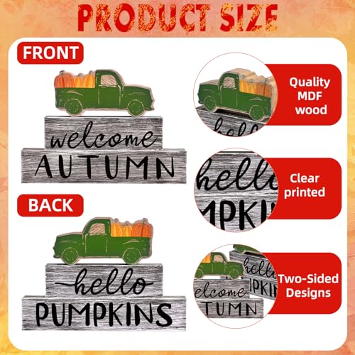 3PCS Wooden Fall Decorations for Home, Rustic Farmhouse Fall Table Decor Set with Pumpkin Truck & Signs, Harvest Thanksgiving