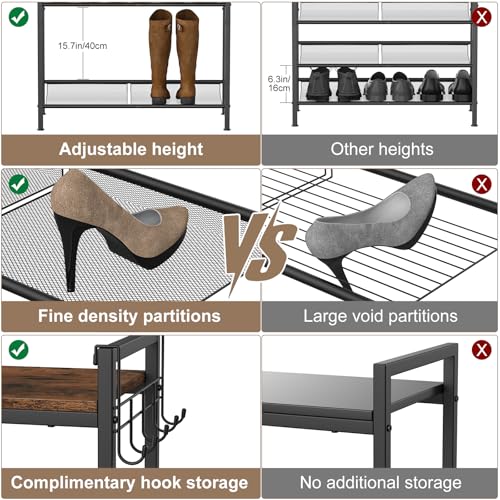 Shoe Rack for Front Door Entrance, 5 Tier Height-Adjustable Metal Shoe Rack, Sturdy Wooden Top and Tiltable Steel Frame Heavy