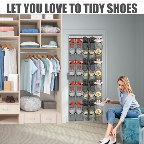 40 Over the Door Shoe Organizer Large Mesh Pocket Hanging Shoe Rack for Closet Gray Nonslip Behind Door Storage Holder Back to