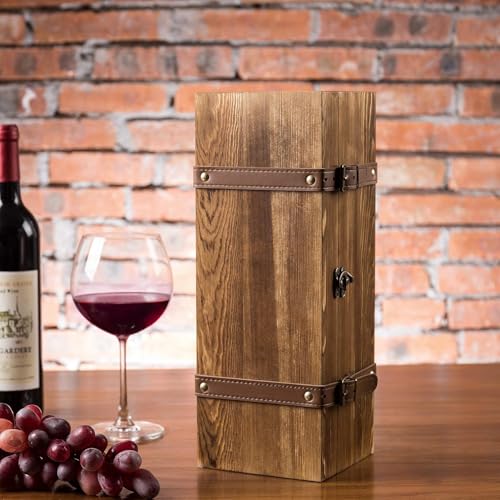 Vintage Wooden Wine Gift Box - Single Bottle Holder with Locking Latch & Leather Straps, Rustic Brown Wedding Champagne, Beer