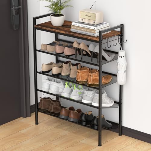 Shoe Rack for Front Door Entrance, 5 Tier Height-Adjustable Metal Shoe Rack, Sturdy Wooden Top and Tiltable Steel Frame Heavy