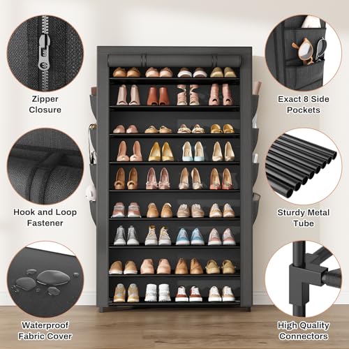 Shoe Rack with Cover, 10 Tier Shoe Organizer Storage for 40-50 Pairs Sneaker and Boots, Large Capacity, with 8 Pockets, Free