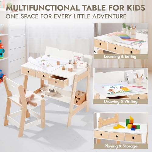 Kids Wooden Table and Chair Set, Study Desk and Chair Set with Storage Drawer, White Learning Table with Cabinets for Boys and