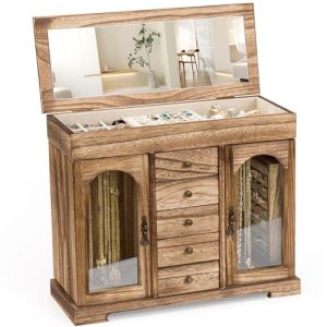 Jewelry Box for Women Girls, Rustic Wooden Jewelry Organizer Box with Mirror, 5 Layer Jewelry Storage Case Display for Necklaces