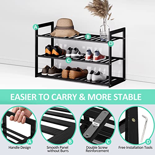 Bamboo Shoe Rack for Closet, Stackable 3 Tier Longer Shoe Organizer Shelf Holder Storage 12-15 Pairs for Entryway Door Hallway