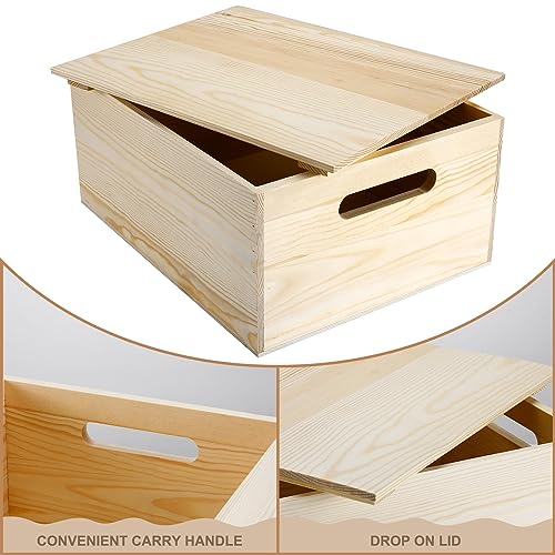 Wooden Storage Box 15 x 12 x 7 Inches Pine Wood Decorative Crate Box with Hand Holes and Lid Plain Unpainted Wooden Storage Bins