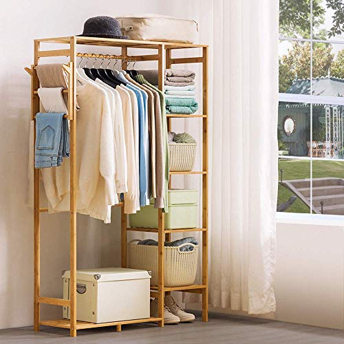 Bamboo Garment Rack 6 Tier Storage Shelves Clothes Hanging Stand with Side Hooks, Heavy Duty Clothing Rack Portable Wardrobe