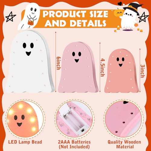 3 Pcs Halloween Ghost Light Decor Halloween LED Marquee Light Up Wooden Signs Pink Ghost Table Centerpiece Decor for Indoor