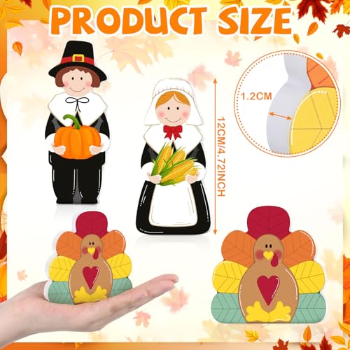 3 Pcs Thanksgiving Pilgrim Boy Girl and Turkey Tabletop Decoration Fall Wooden Turkey Pilgrim Couple Table Centerpieces Autumn