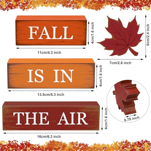 4 PCS Fall Maple Leaf Wooden Table Block Sign Thanksgiving Wood Tiered Tray Decor Fall is in the Air Block Centerpiece Rustic
