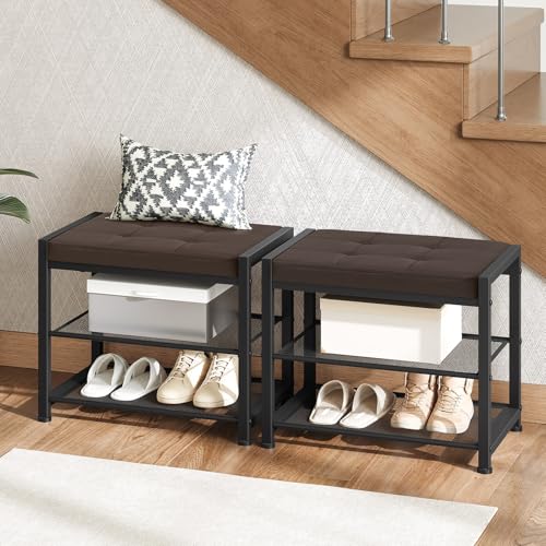 Small Shoe Bench, 3-Tier Shoe Rack, Shoe Storage Bench with PU Seat Cushion, Entryway Shoe Rack Bench with Metal Mesh Shelves,