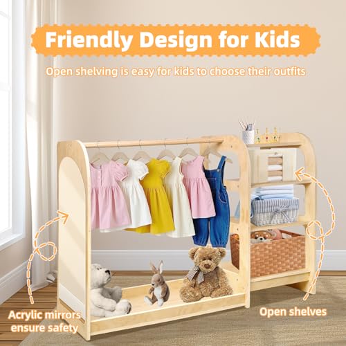 Kids' Dress Up Storage Closet with Mirror, 31.5 Inch Kids Wardrobe Closet with Shelves for Girls and Boys, Wooden Costume