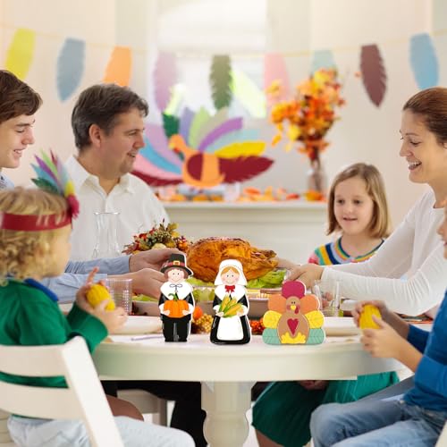 3 Pcs Thanksgiving Pilgrim Boy Girl and Turkey Tabletop Decoration Fall Wooden Turkey Pilgrim Couple Table Centerpieces Autumn