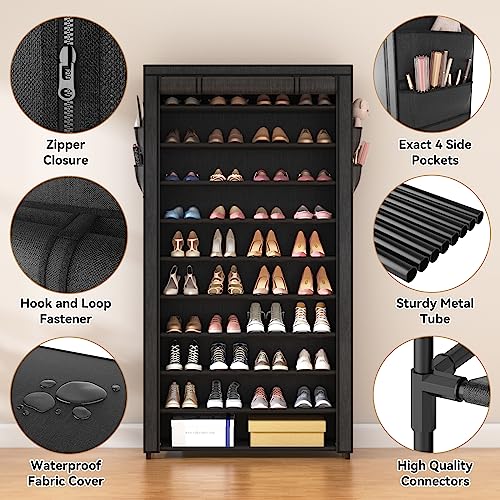10 Tier Shoe Rack with Covers,Large Capacity Stackable Tall Shoe Shelf Storage to 50-55 Pairs Shoes and Boots Sturdy Metal Free