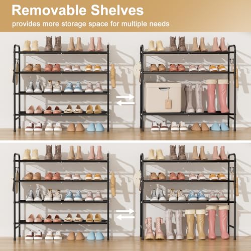 4-Tier Shoe Rack 33" Wide Metal Shoe Organizer Long Shoe Storage with 4 Side Hooks Sturdy Shoes Shelf for Closet, Front Door