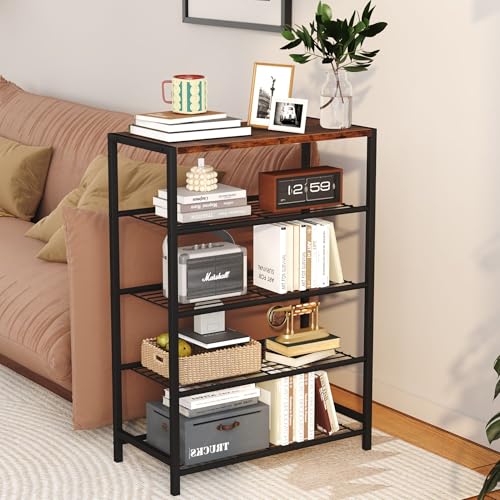 Shoe Rack Organizer, 5 Tier Industrial Shoe Storage Shelf, Narrow Sturdy Metal Shoe Shelves for Closet Entryway, Rustic Brown