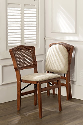 Stakmore French Cane Wooden Folding Chairs with Padded Seats, Set of 2 - No Assembly Foldable Dining Chairs, Steel Folding