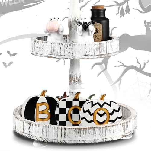 3 Pcs Wood Halloween Pumpkin Decorations Indoor Black and White Boo Pumpkins Wooden Table Signs Party Tiered Tray Decorations