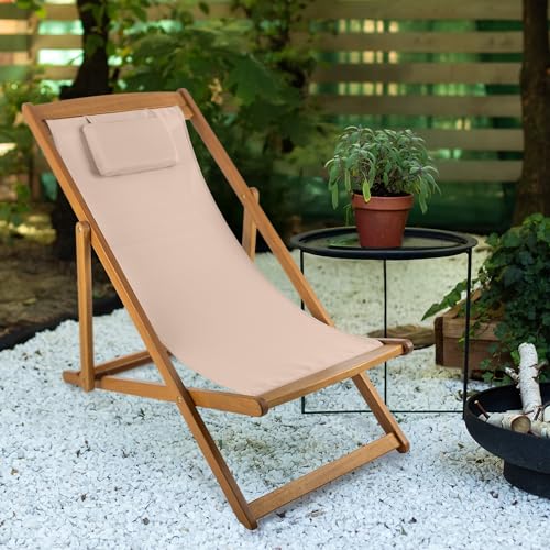 Beach Lounge Chair - Adjustable Height Reclining Sling Chair - Portable Wood Folding Chairs - Folding Lounge Chairs for Outside,