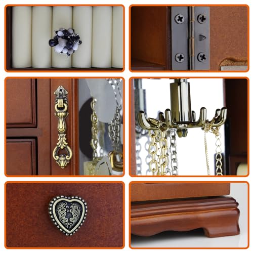 Solid Wooden Jewelry Box Makeup and Organizer Women Ring Storage with 4-Drawers Built-in Necklace Carousel and Mirror Brown