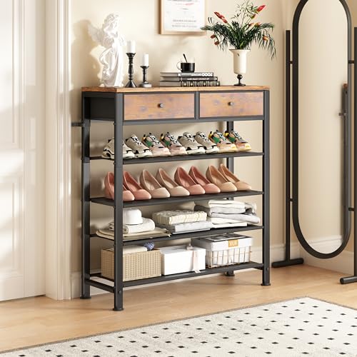 Shoe Rack, 5 Tier Shoe Organizer for 12-16 Pairs of Shoes, with 2 Drawers, 3 Fabric Shelves and Wooden Top, Shoe Rack for Closet
