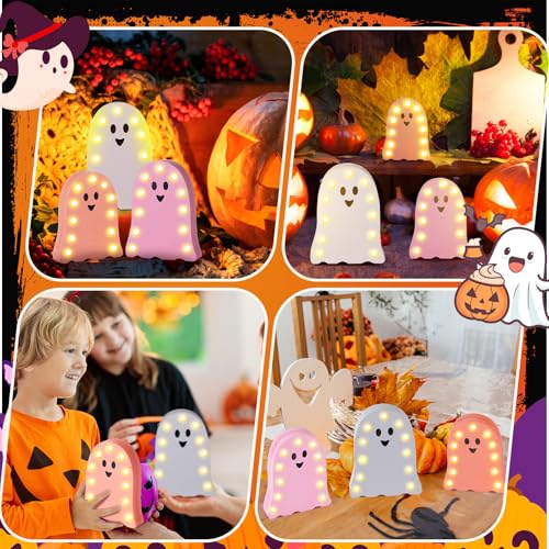 3 Pcs Halloween Ghost Light Decor Halloween LED Marquee Light Up Wooden Signs Pink Ghost Table Centerpiece Decor for Indoor