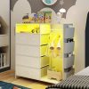 Dresser for Bedroom with Clothes Rack Side Pockets White 5 Drawers Dresser with Charging Station LED Lights Sturdy Steel Frame
