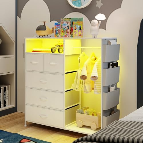 Dresser for Bedroom with Clothes Rack Side Pockets White 5 Drawers Dresser with Charging Station LED Lights Sturdy Steel Frame