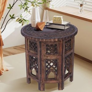 Hand-Carved Octagonal Wooden Side Table – 18” x 18” Mango Wood End Table, Natural Burnt Finish, Decorative Accent Table for